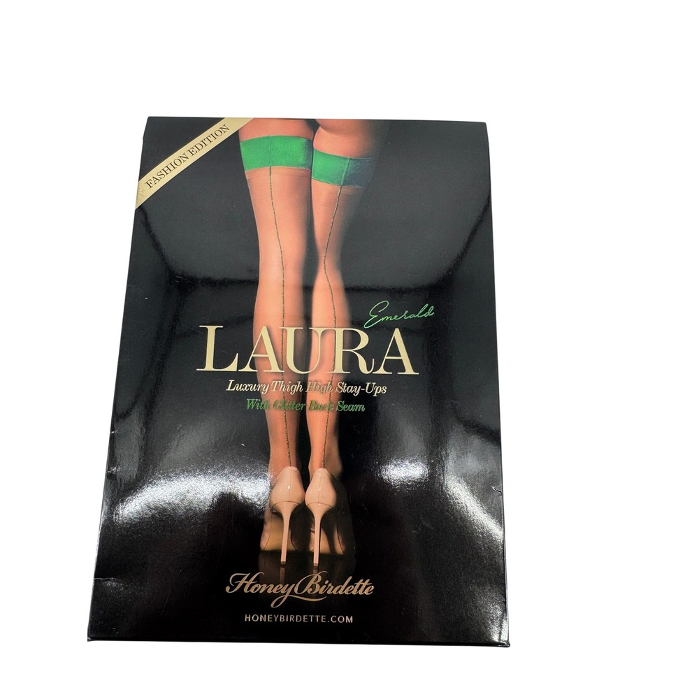 Honey Birdette Laura Stay-Ups Women Medium Emerald Green Glitter Back Seam New